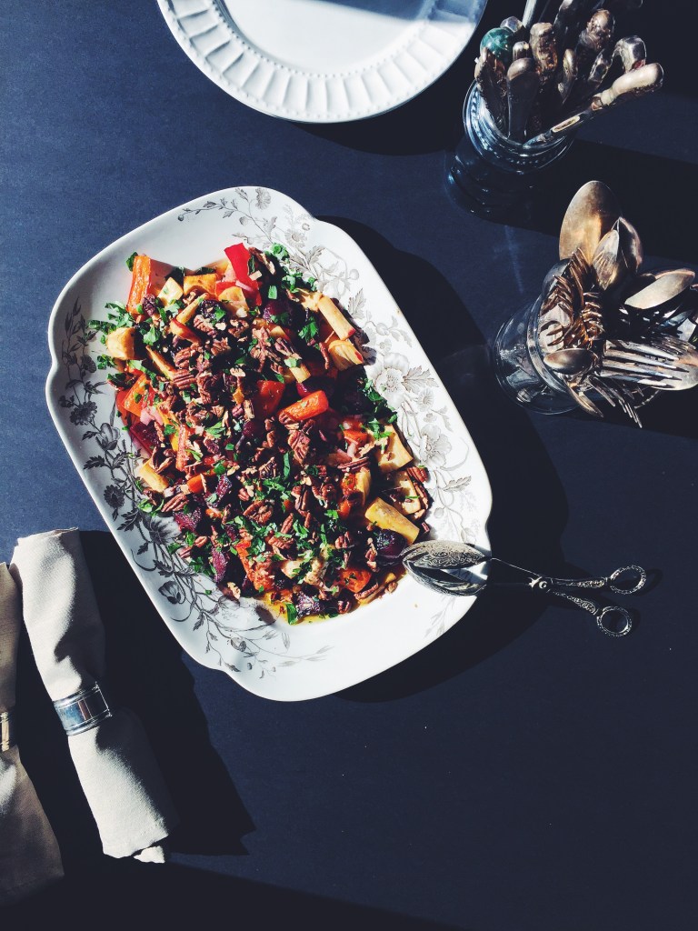 Roasted Root Vegetables with Pecans and Maple Dressing