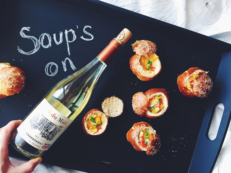 Corn Chowder Pretzel Soup Shooters + a Super Bowl Chardonnay