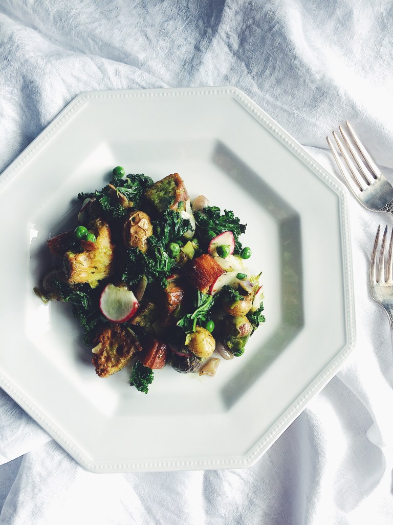 Kale Panzanella with Mini Potatoes, Shallots, and Leeks