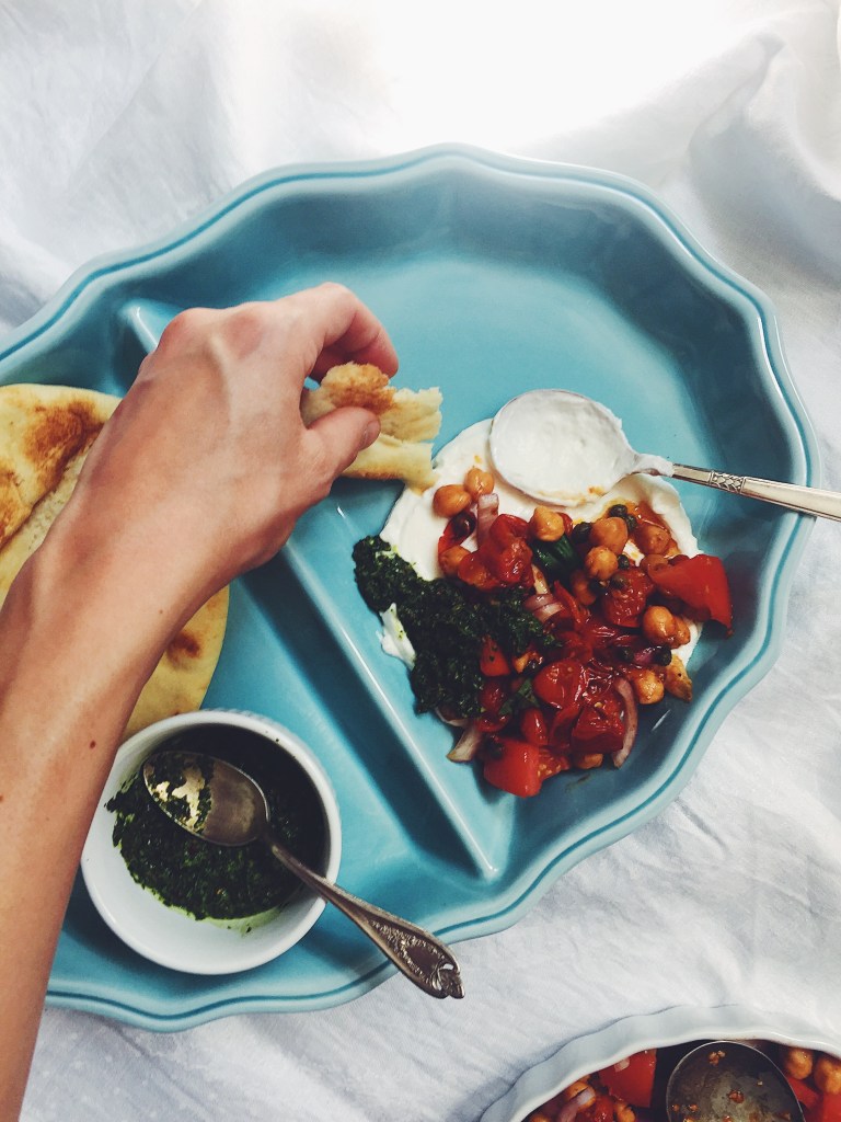 Half-Roasted Tomato Salad with Chickpeas, Capers, and Salsa Verde