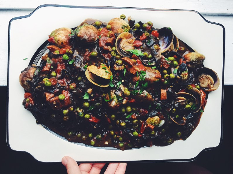 Black-as-Night Squid Ink Pasta with Cockles, Chorizo, and Tomatoes