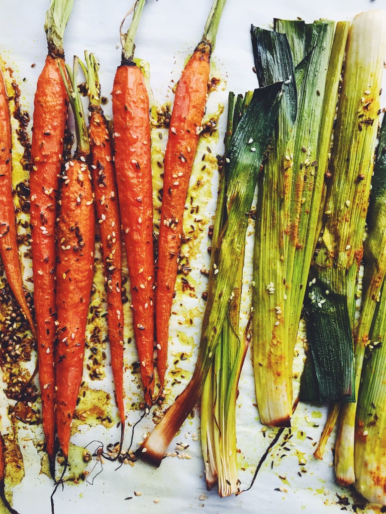 Turmeric-Roasted Carrots and Leeks with Baby Kale and Yogurt