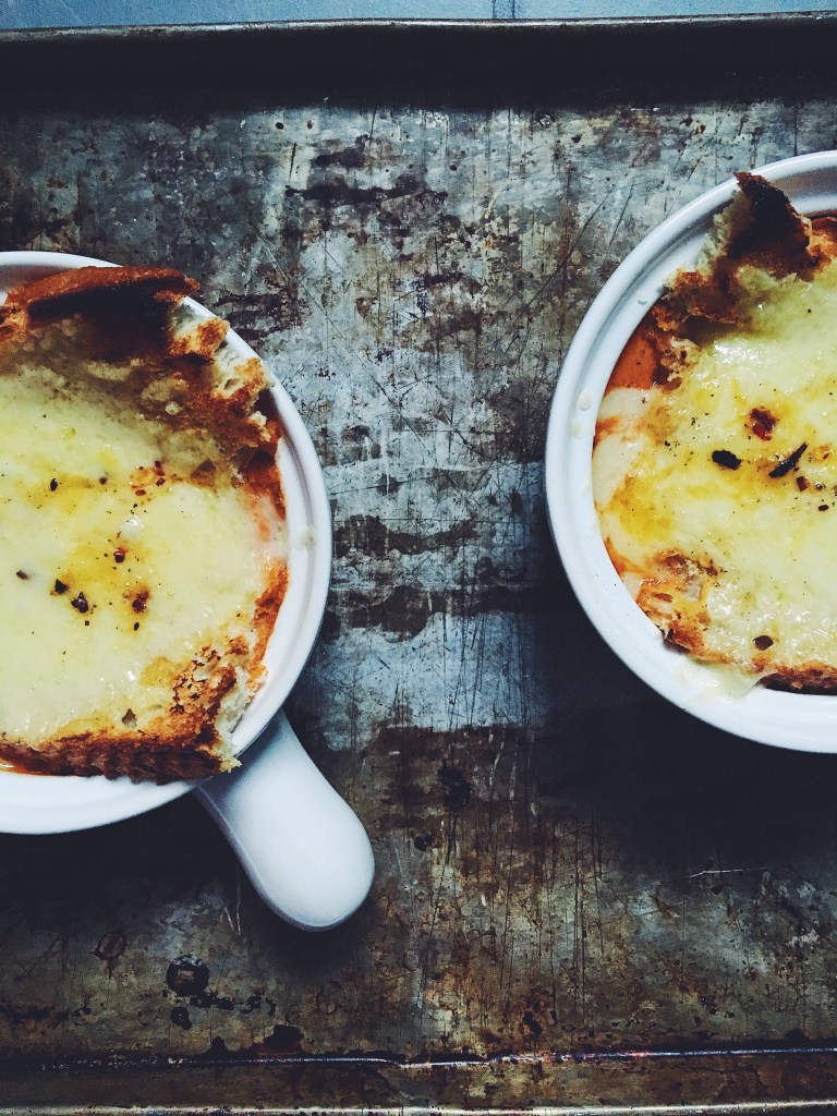 Tomato and Chickpea Soup with Broiled Dijon Cheese Toasts