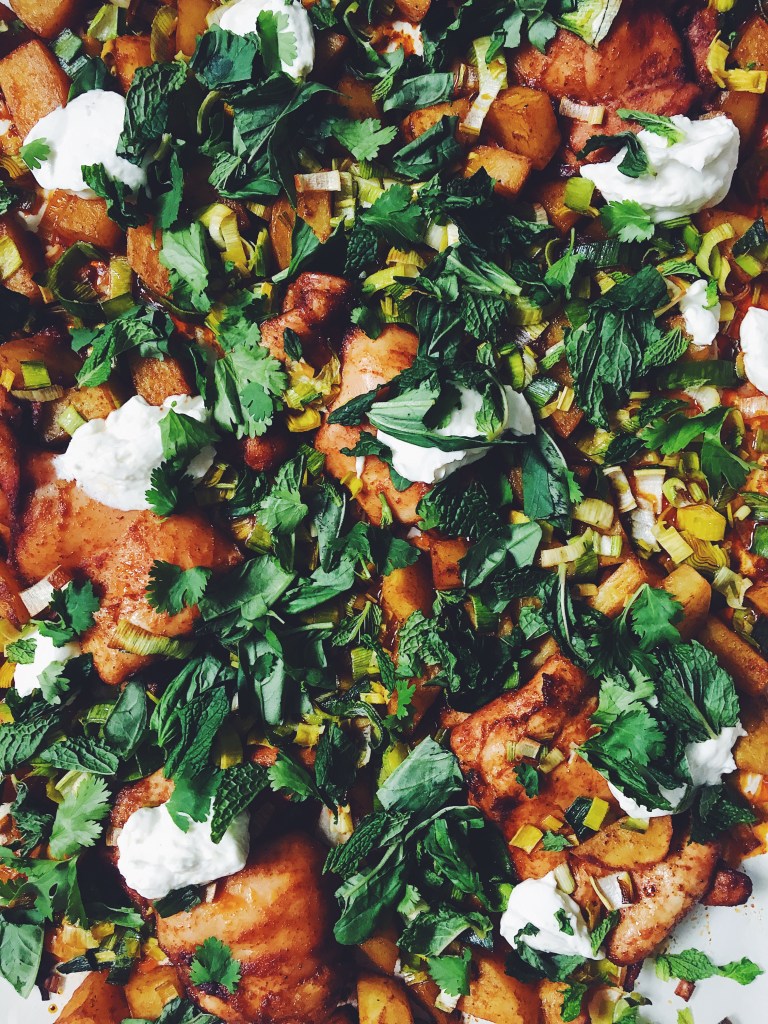 Harissa Chicken Sheet Pan Meal with Leeks, Potatoes, and Fresh Herbs