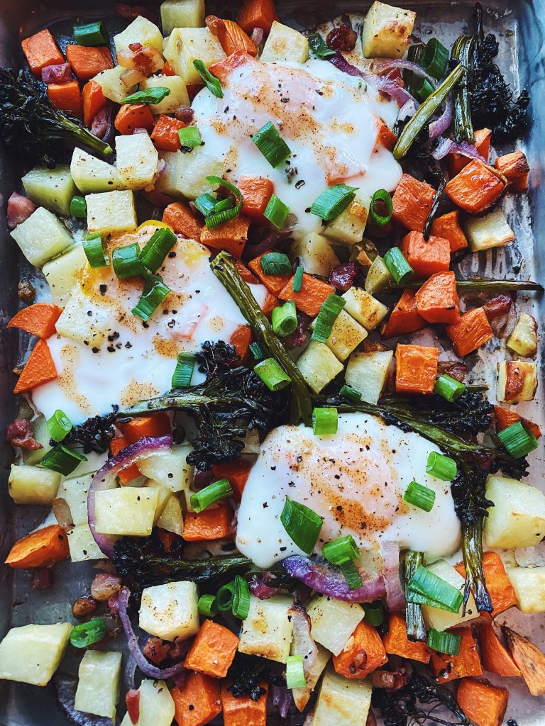 Sweet Potato Broccolini Sheet Pan Hash